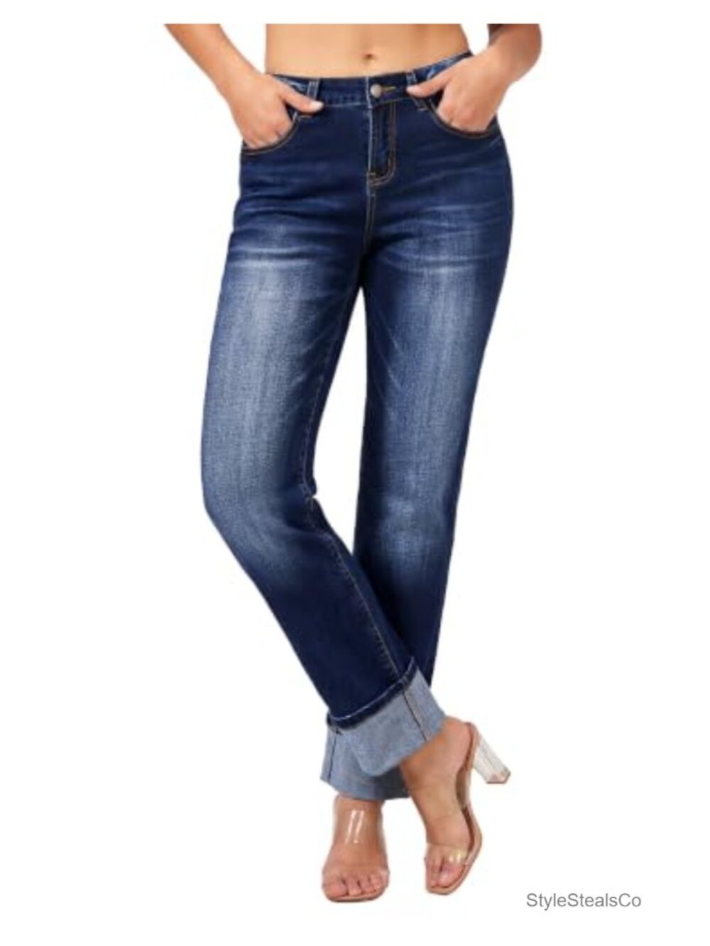 Straight Leg High Waisted Jeans with Fixed Cuff Hem, Five Pocket